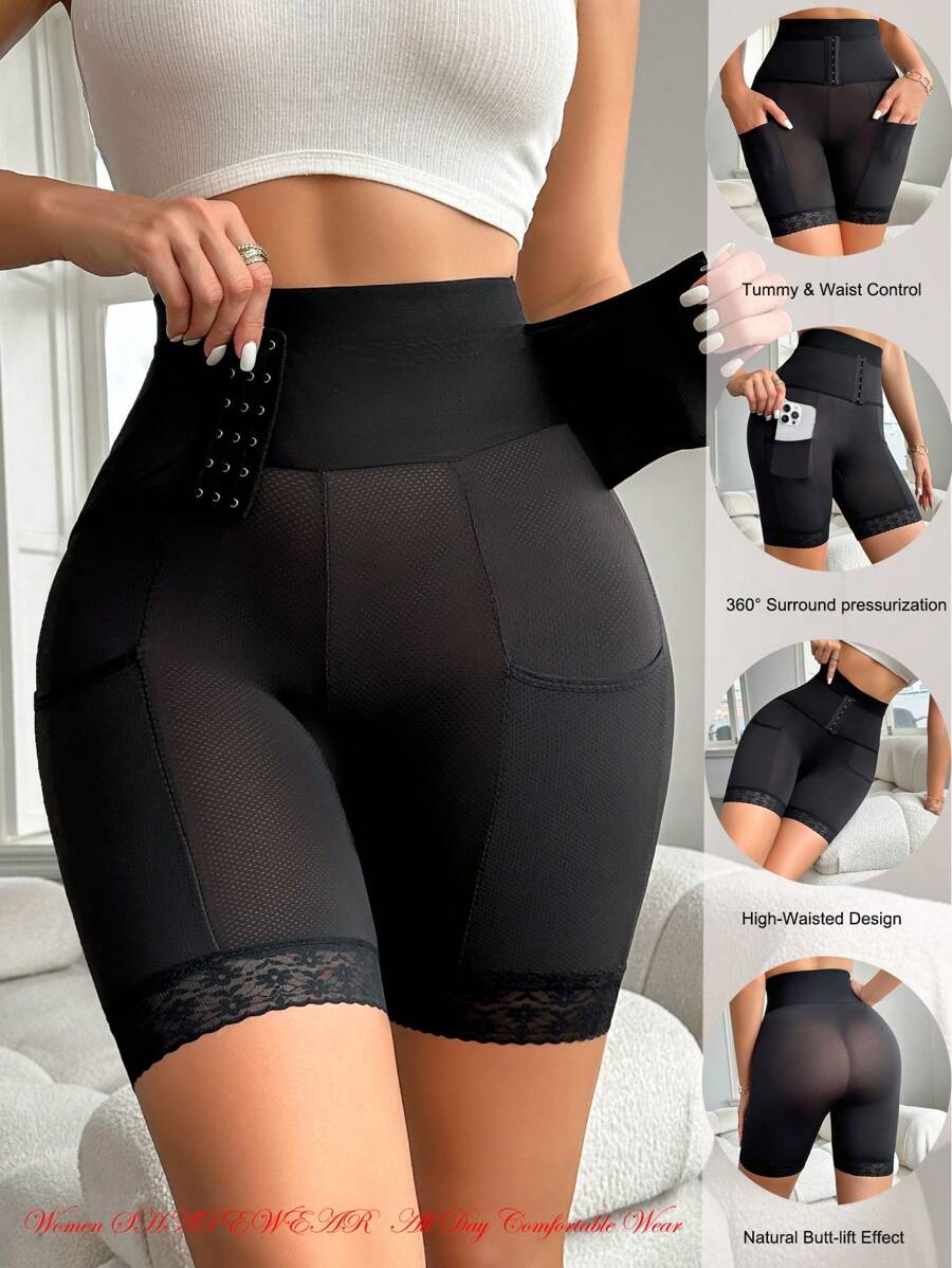 Comfortable Lace Splicing Breathable High Elasticity Shapewear Pants - Black - View 1