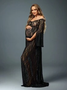 SHEIN 长袖黑色蕾丝孕妇装，适合孕妇拍照