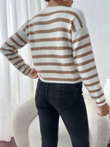 SHEIN Women Striped Long Sleeve Single-Breasted Casual Short Cardigan, Autumn/Winter