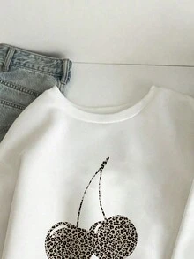 Muchica Áo nỉ cổ tròn in họa tiết da báo và anh đào đơn giản, rộng rãi, thoải mái dành cho nữ, mùa thu/đông - trắng - Xem 3