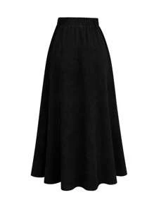 EARO French Retro Women's Casual Minimalist Comfortable Daily Versatile Front Button Pocket Solid Color Skirt, Spring/Autumn New High Stretch Waist Slimming Loose Covering Hip Elegant A-Line Skirt - Black - View 2