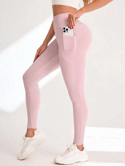 Gameset SHEIN Sport 女士纯色高腰口袋健身紧身裤，适合日常锻炼瑜伽裤