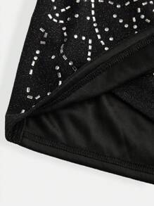SHEIN Teenager Mädchen's schwarzer gestrickter Netz/Party/Elegant/mit Strass Verzierungen Rock - Schwarz - Übersicht 3