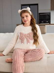 SHEIN Tween Girls Pajamas: Comfortable Warm Fleece Bowknot Embroidered Striped Long Sleeve Top And Long Pants 2-Piece Home Wear Set, Autumn/Winter - Multicolor - View 6