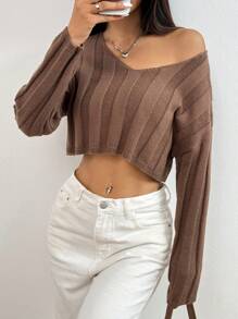 SHEIN Unity 女士休闲纯色罗纹宽松短款套头衫 - 咖啡棕 - 查看 1