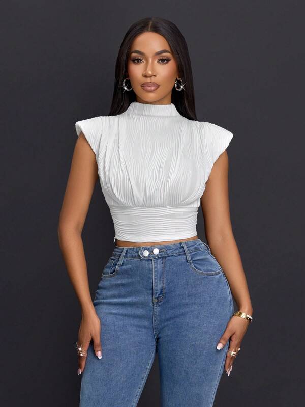 SOLERSUN Top de tirantes con cuello alto plisado de color blido y elegante para mujer