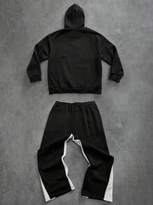 Manfinity Roughcore 2pcs/Set Pakaian Kasual Pria Ukuran Besar Lengan Panjang dengan Cetakan Huruf, Kaos Hoodie dan Celana, Pakaian Musim Gugur - Hitam dan Putih - View 2