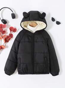 SHEIN Tween Girl Losse Casual Minimalistische Comfortabele Zwarte Gewatteerde Korte Gewatteerde Jas, Warme Voering Voor De Winter