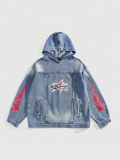 Street Life Giacca con cappuccio in jeans oversize con stampa di lettere e pentagramma, stile di strada per l'autunno, da uomo