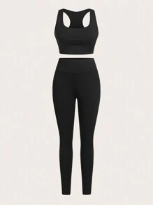 SHEIN Essnce 3 件套女士运动套装，罗纹立领半拉链长袖 T 恤，运动胸罩吊带背心，高腰紧身裤，女士套装，黑色紧身裤，黑色紧身胸衣上衣，工装裤 - 黑色 - 查看 8