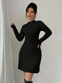 Selianne 修身罗纹针织毛衣裙，圆领 - 黑色 - 查看 4