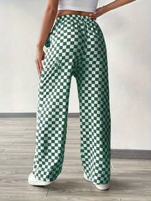 Plus Size Women Plaid Print Casual Loose Drawstring Wide Leg Pants - Dark Green - View 2