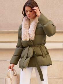 EURMUSE Faux Fur Big Collar Quilted Stylish Two Pocket Padded Puffer Winter Coat With Belt - Khaki - View 1