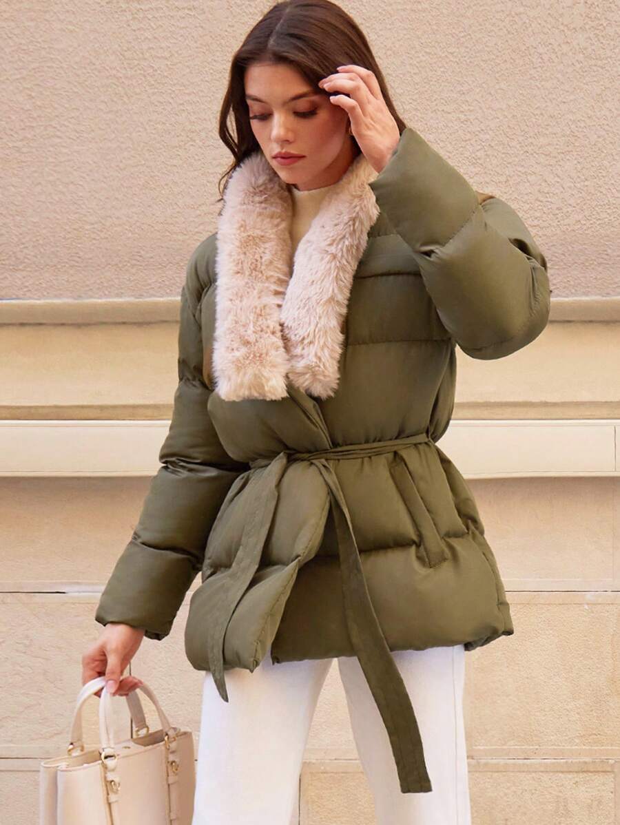 EURMUSE Faux Fur Big Collar Quilted Stylish Two Pocket Padded Puffer Winter Coat With Belt - Khaki - View 1
