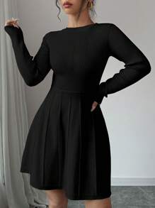 Chiquease Solid Color Figure-Flattering A-Line Knee-Length Bodycon Sweater Dress - Black - View 5