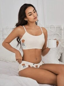 We Bare Bears X SHEIN Cartoon Print Comfortable Wireless Bra & Panty Set - Khaki - View 3