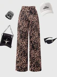 SHEIN Explorewe Pantalones de carga con estampado de leopardo para niña preadolescente, pantalones anchos de moda con ajuste holgado, adecuados para primavera, verano, otoño e invierno - Multicolor - Ver 1