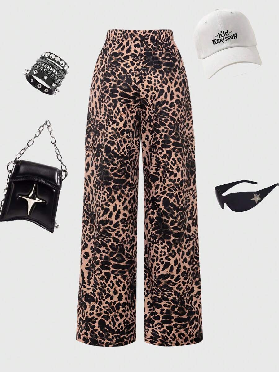 SHEIN Explorewe Pantalones de carga con estampado de leopardo para niña preadolescente, pantalones anchos de moda con ajuste holgado, adecuados para primavera, verano, otoño e invierno - Multicolor - Ver 1