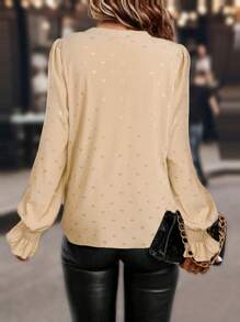 SHEIN LUNE 休闲日常全印花缺口领长袖衬衫，秋季 - 杏色 - 查看 2