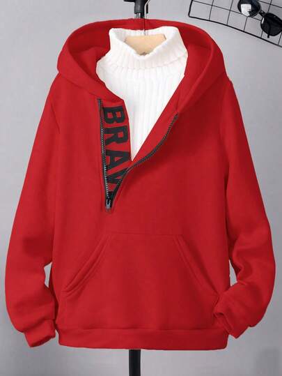 Teen Boy Casual Letter Print Zip-Up Fleece Hoodie, Autumn Fall Winter