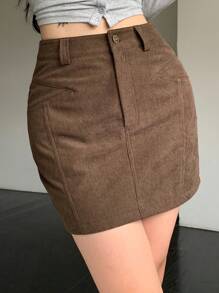 DAZY 女士纯色前扣休闲灯芯绒A字裙秋季半身裙 - 棕色 - 查看 6