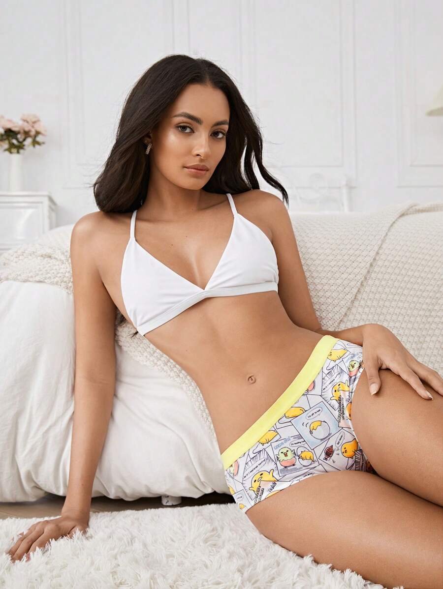 Gudetama X SHEIN 1 件女士可爱卡通印花舒适三角裤 - 黃色 - 查看 1