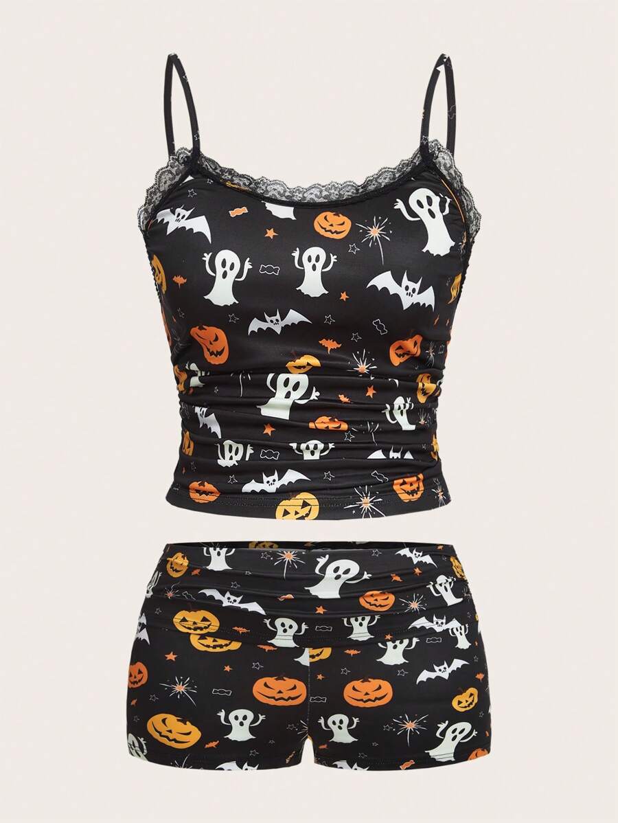 CovetEZ 大码万圣节印花休闲吊带背心和短裤套装 - 黑色 - 查看 1