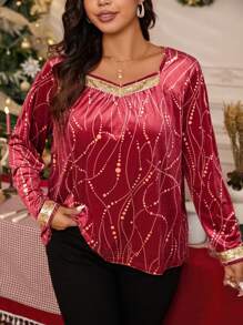 INAWLY Camiseta Plus Size com estampa de coração casual elegante, outono - Borgonha - Ver 1