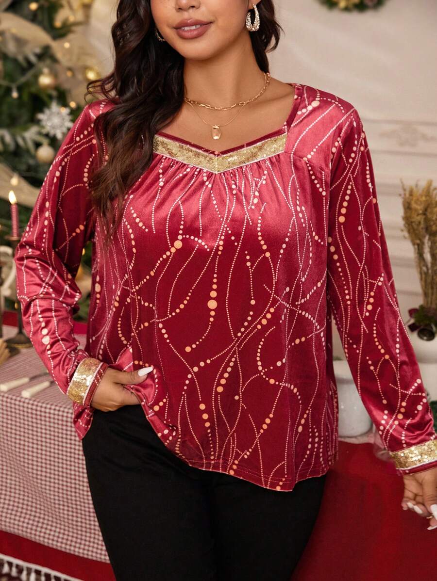 INAWLY Camiseta Plus Size com estampa de coração casual elegante, outono - Borgonha - Ver 1