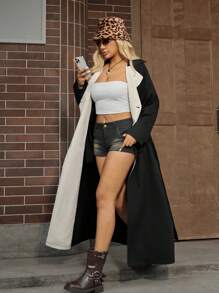 SHEIN EZwear 大码女式拼色翻领双排扣长款休闲风衣，秋季 - 黑色 - 查看 4