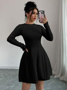 Chiquease Solid Color Figure-Flattering A-Line Knee-Length Bodycon Sweater Dress - Black - View 3