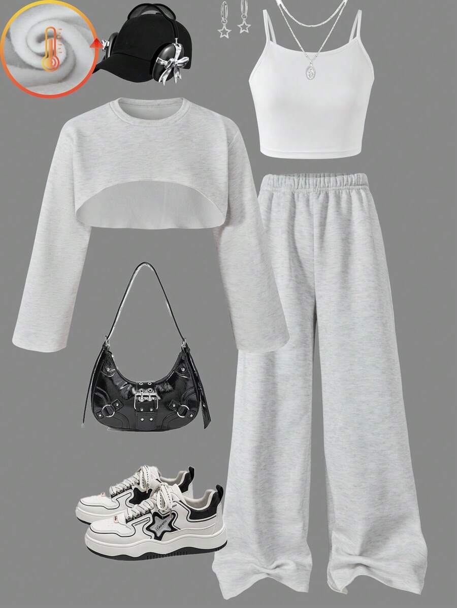 3 件套 Tween Girl 超大吊带背心、短款套头连帽衫和宽腿运动裤套装，街头时尚，灰色 - 灰色 - 查看 1