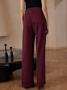 SHEIN Privé Quần ống rộng ống rộng có khóa kim loại cho nữ - Màu Đỏ Sâu - Xem 2