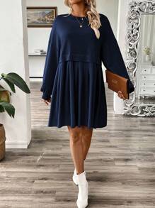 SHEIN Unity Women's Lantern Sleeve Pleated Long Sleeve Sweatshirt Dress, Autumn Fall Cloth For Women - Navy Blue - View 3