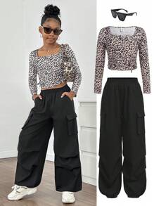 SHEIN Tween-Mädchen Lässiges 2-teiliges Set aus kurz geschnittenem T-Shirt mit Leopardenmuster, langen Ärmeln, Kordelzug und Cargohose