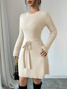 Chiquease 1pc Mid-Length A-Line Style Solid Color Fitted Sweater Dress