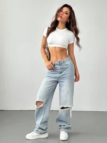 SHEIN PETITE Casual Simple Solid Color Round Neck Cropped Slim Fit Women's T-Shirt