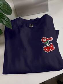 Muchica 樱桃字母刺绣休闲简约图案圆领长袖厚款女式运动衫，秋冬 - 藏蓝色 - 查看 2