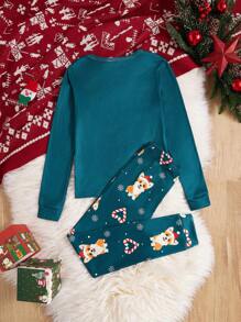 Tween Girl Snug Fit Christmas Dog Print Long Sleeve Top & Pants Pajama Set - Green - View 2