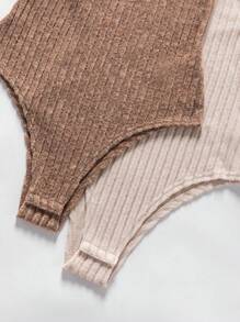 INAWLY Set de 2 piezas Body de manga larga con cuello alto de unicolor y talla grande, para uso casual en otoño/invierno - Marrón - Ver 4