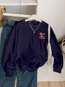 Muchica 樱桃字母刺绣休闲简约图案圆领长袖厚款女式运动衫，秋冬 - 藏蓝色 - 查看 4