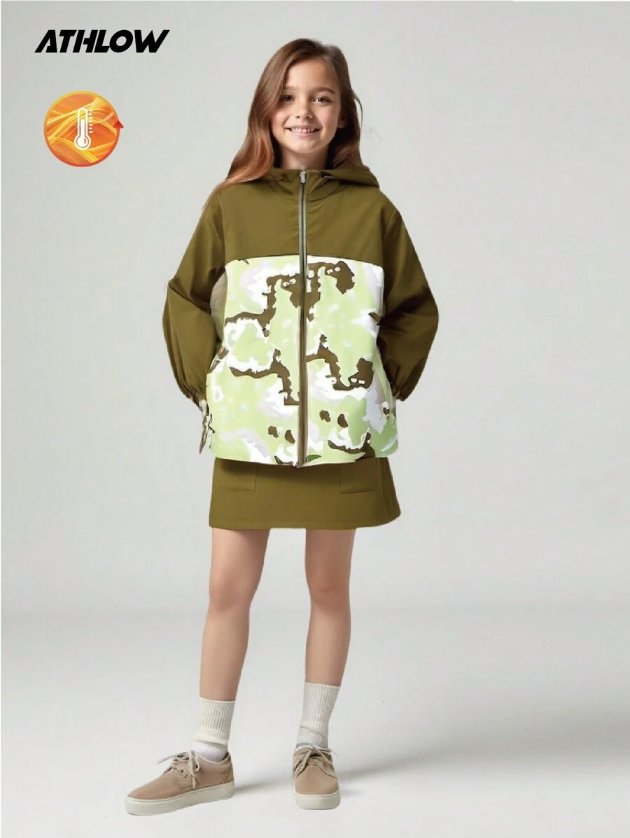 SHEIN Girls' Outdoor Sports Hiking Camping Boating Water-Resistant Camo Print Woven Sets - Khaki - View 1