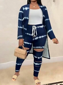 SHEIN LUNE 大码扎染印花长袖夹克 + 白色吊带背心 + 破洞绑带长裤休闲 3 件套 - 藍色 - 查看 2