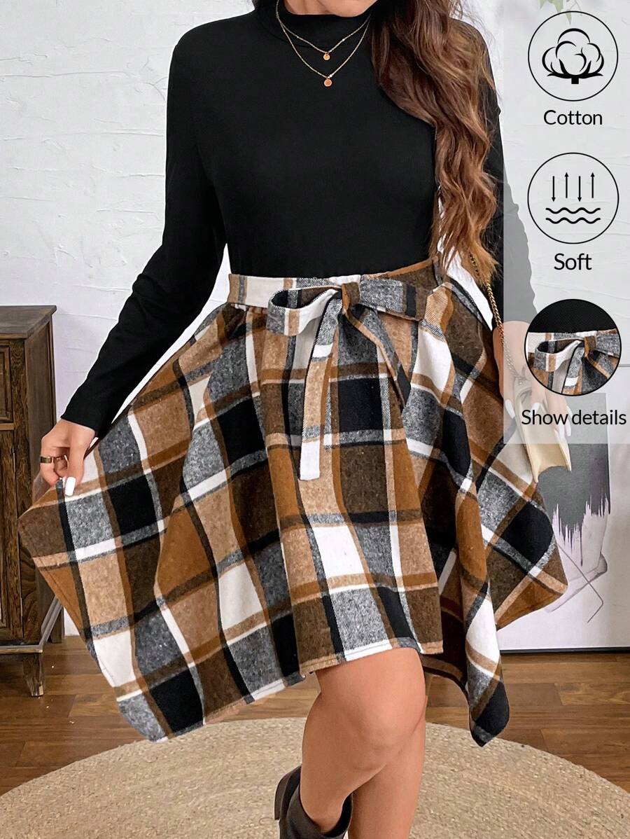 SHEIN LUNE Fall Women Dresses Plus Size Fall Women's Black Mock Neck Asymmetric Hem Plaid Fall Wedding Guest Dress - Multicolor - View 1