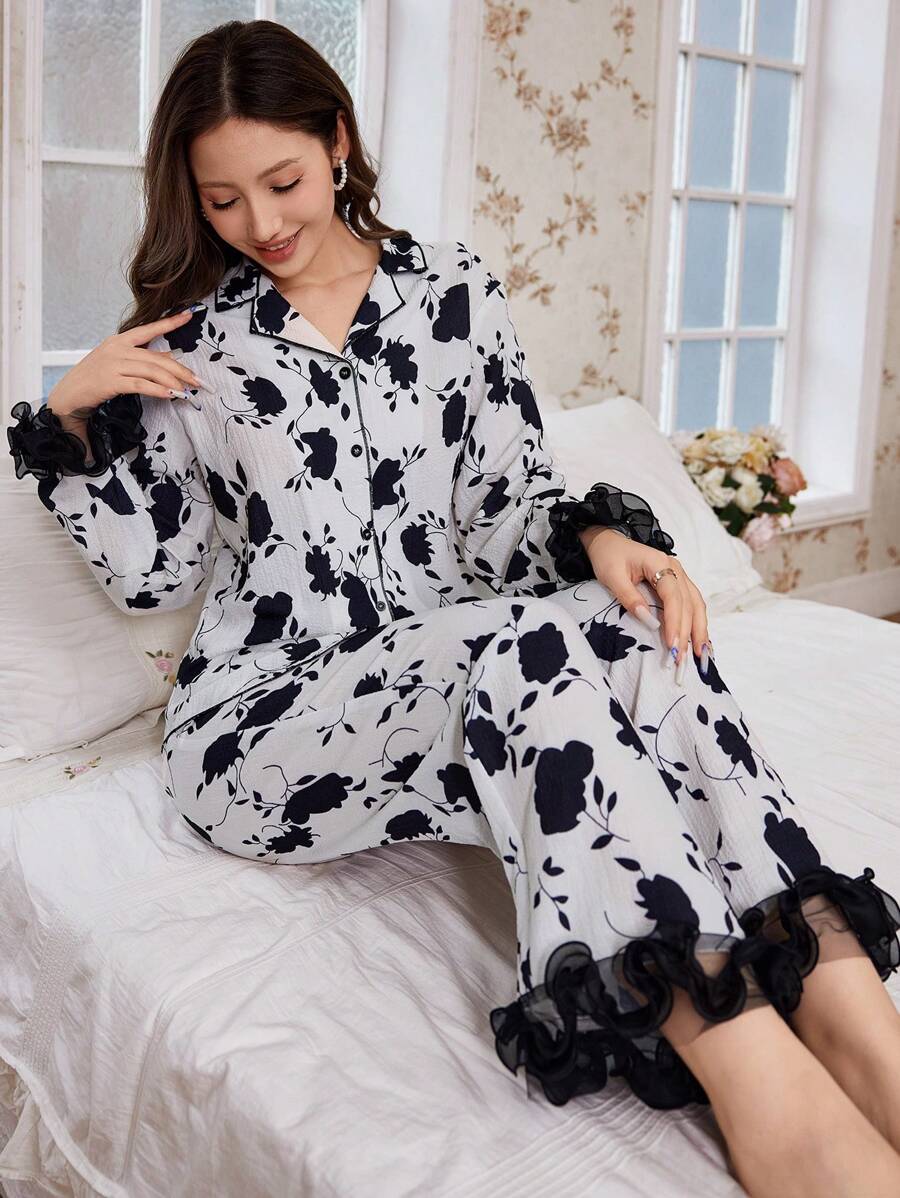 2 Pieces Women Elegant Floral Print Ruffle Hem Blouse And Pants Pajama Set, Comfortable For Autumn - Black - View 1
