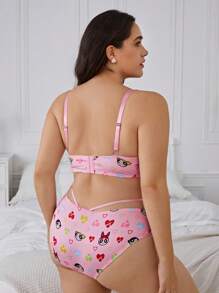 THE POWERPUFF GIRLS X SHEIN 加大码粉色心形图案可爱聚拢半杯胸罩和性感内裤内衣套装 - 粉色 - 查看 2
