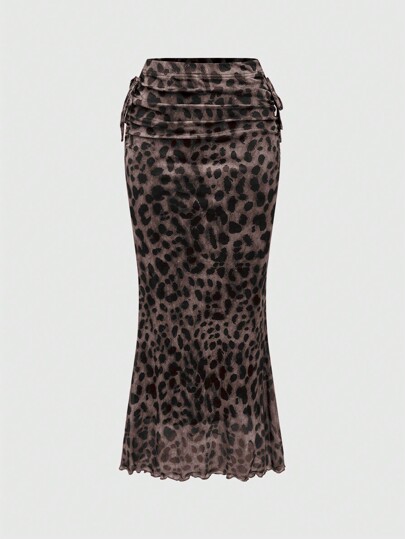 J-Fashion Women's Leopard Print Side Tie Ruched Fishtail Skirt, Fashionable