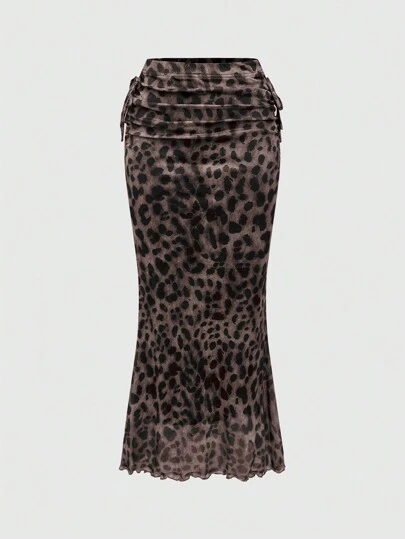 J-Fashion Women's Leopard Print Side Tie Ruched Fishtail Skirt, Fashionable