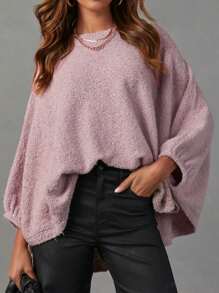 SHEIN LUNE Women's Solid Color Round Neck Batwing Sleeve Loose Casual Sweater, Autumn & Winter, Knit Pullover Fall - Dusty Pink - View 1