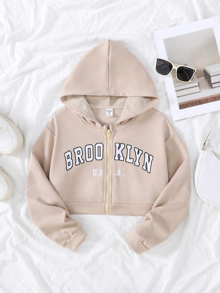 SHEIN Explorewe Tween Girls Casual Letter Print Sweatshirt, Autumn - Apricot - View 1